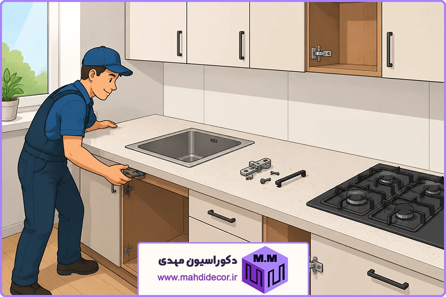 نصب کابینت آشپزخانه | نصب صفحه کابینت و تجهیزات جانبی