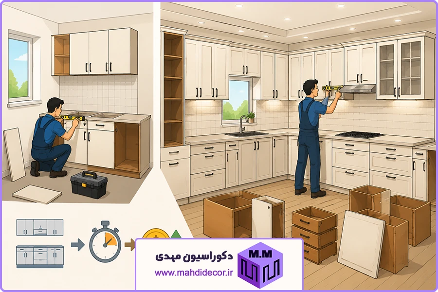 نصب کابینت آشپزخانه | تأثیر متراژ و تعداد یونیت‌ها