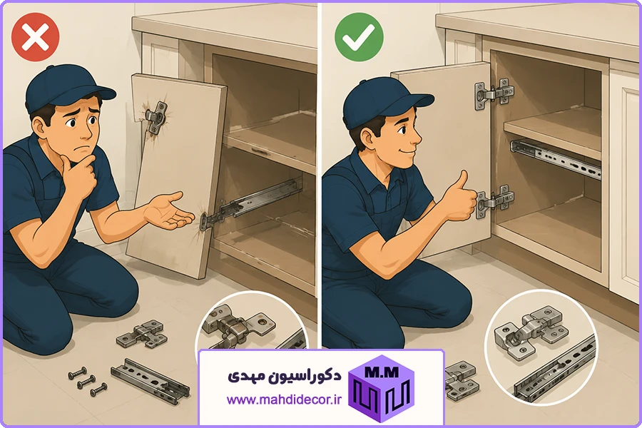 نصب کابینت آشپزخانه | استفاده از یراق‌آلات بی‌کیفیت